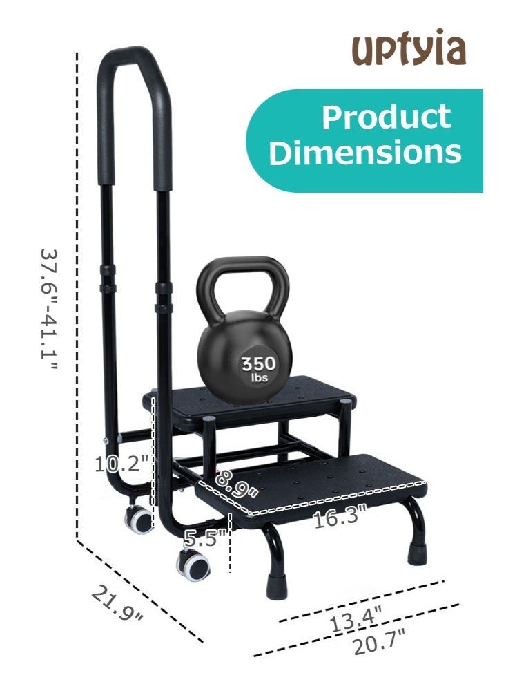 أوبتيا مقعد صغير بيدين، منصة مانعة للانزلاق ودرابزين قابل للتعديل، مقعد صغير بدرجتين لكبار السن، درجات سرير للبالغين وذوي الاحتياجات الخاصة، مقعد صغير متين للأسرة العالية، المطبخ، حوض الاستحمام - Image 3